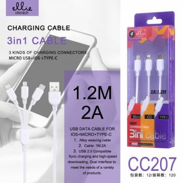 Ellietech CC207 Câble Lightning Type-C Micro usb 3 En 1 2A 1.2M